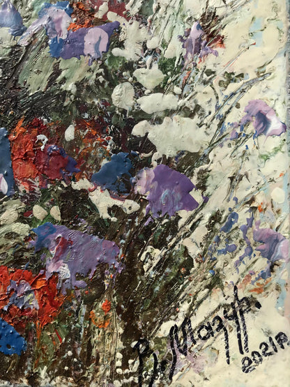 Oil painting Flowers Mazur Vladimir: abstract purple red blue white on dark textured background