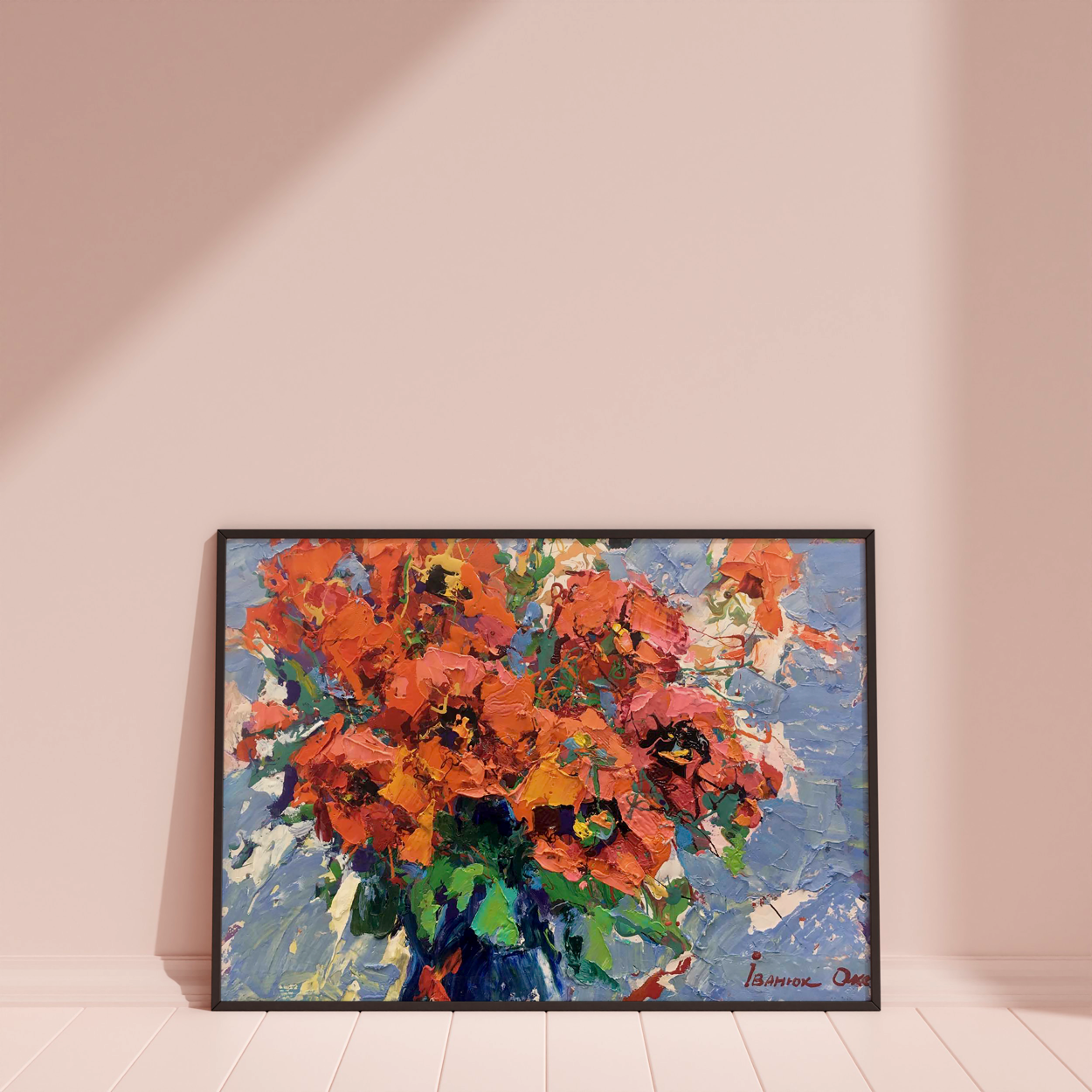 Oil painting Poppies in the morning by Ivanyuk Oksana in black frame