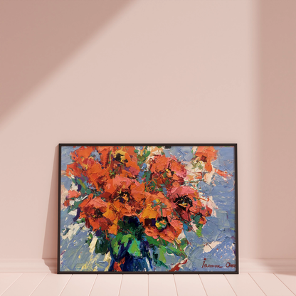 Oil painting Poppies in the morning by Ivanyuk Oksana in black frame