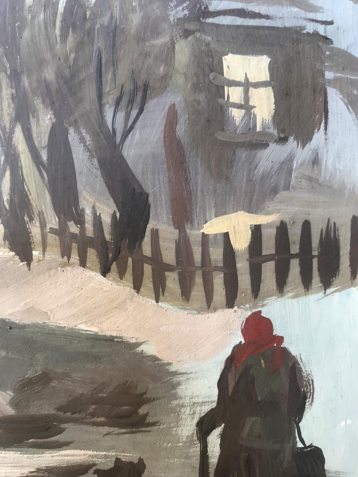Oil painting of Grandma in red cloak returning evening through snow by Alexander Litvinov