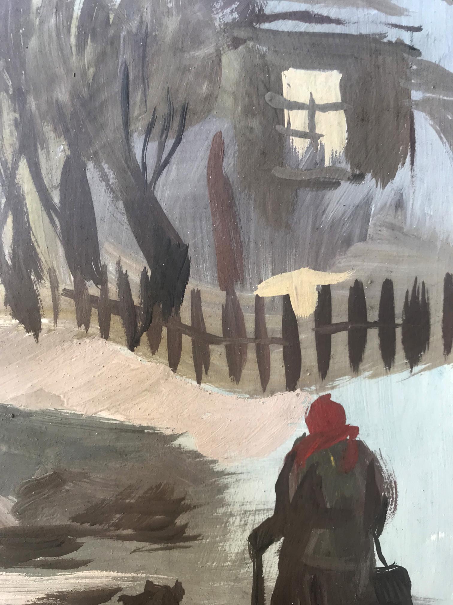 Oil painting of Grandma in red cloak returning evening through snow by Alexander Litvinov