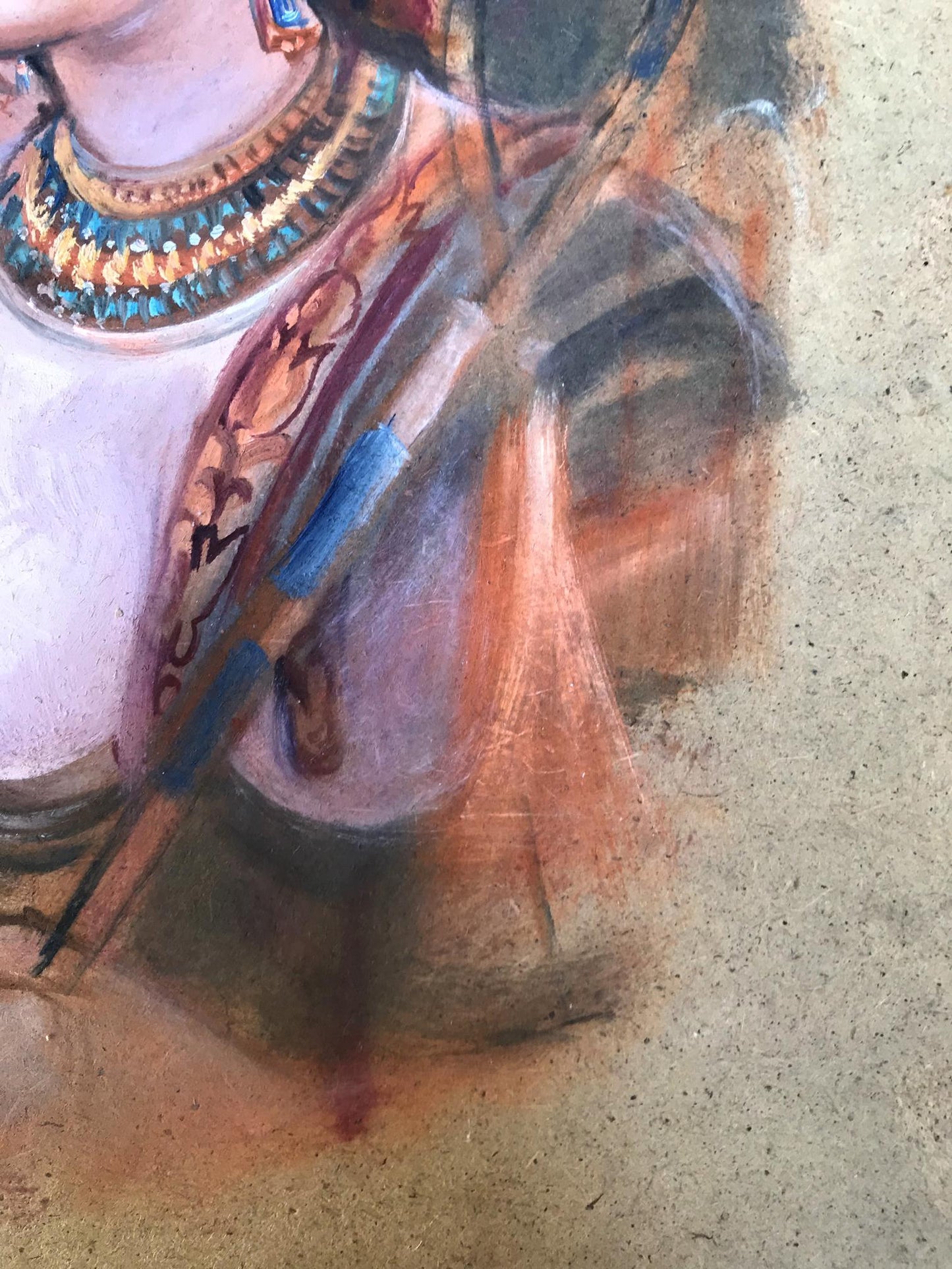 Oil painting of Egyptian woman in ornate gold blue beaded hieroglyphic necklace by Litvinov