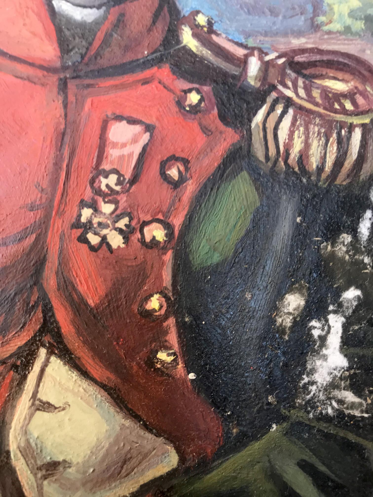 Vibrant red Napoleon Litvinov portrait oil painting jacket with gold buttons, floral embroidery