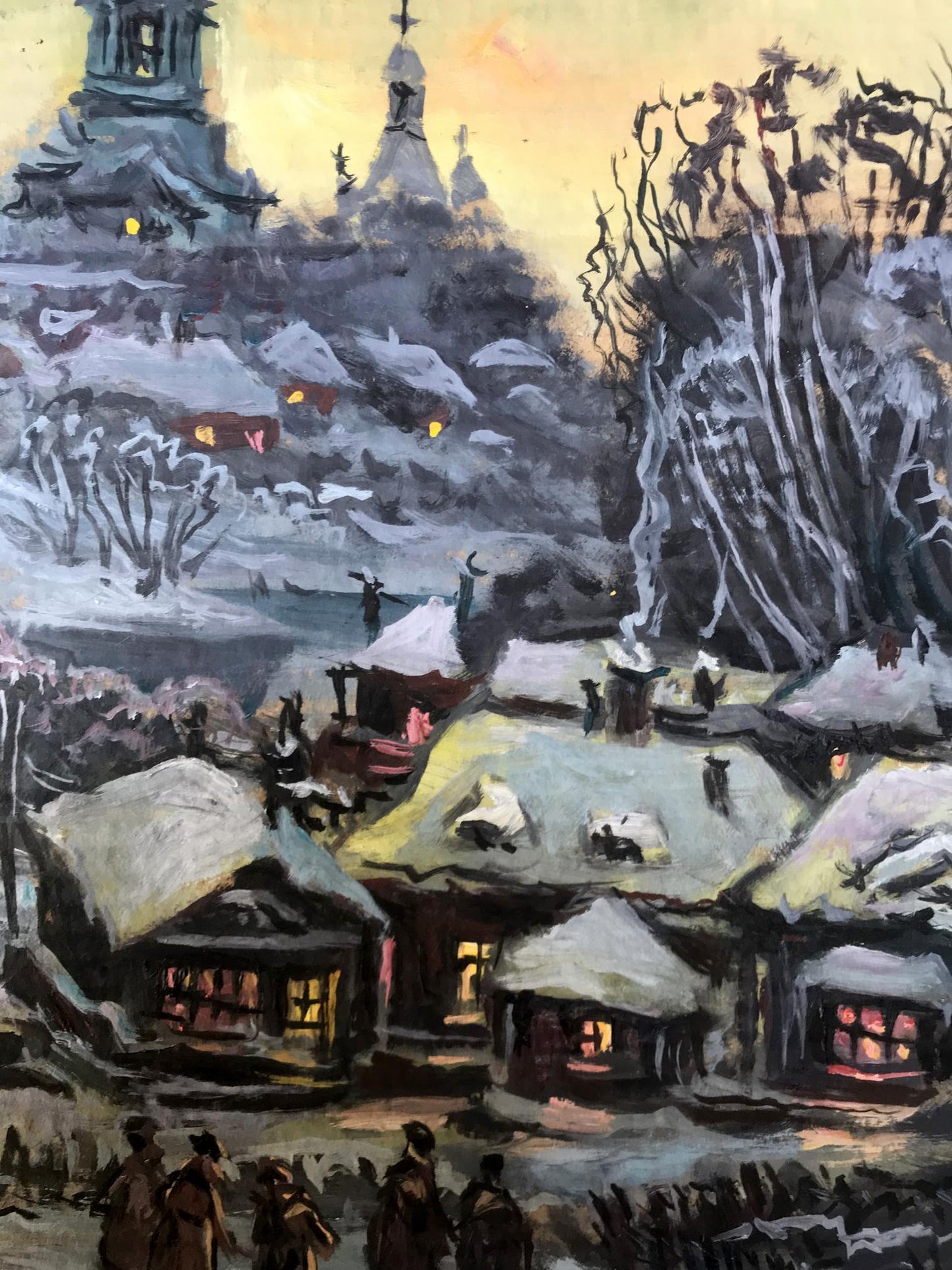 Oil painting by Alexander Litvinov: snow-covered village with glowing windows