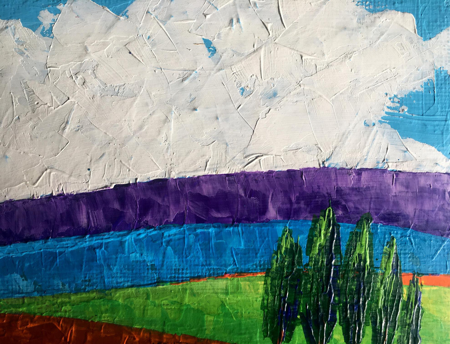 Textured acrylic painting of lonely evergreen trees in fields by Zadorozhnya V. V