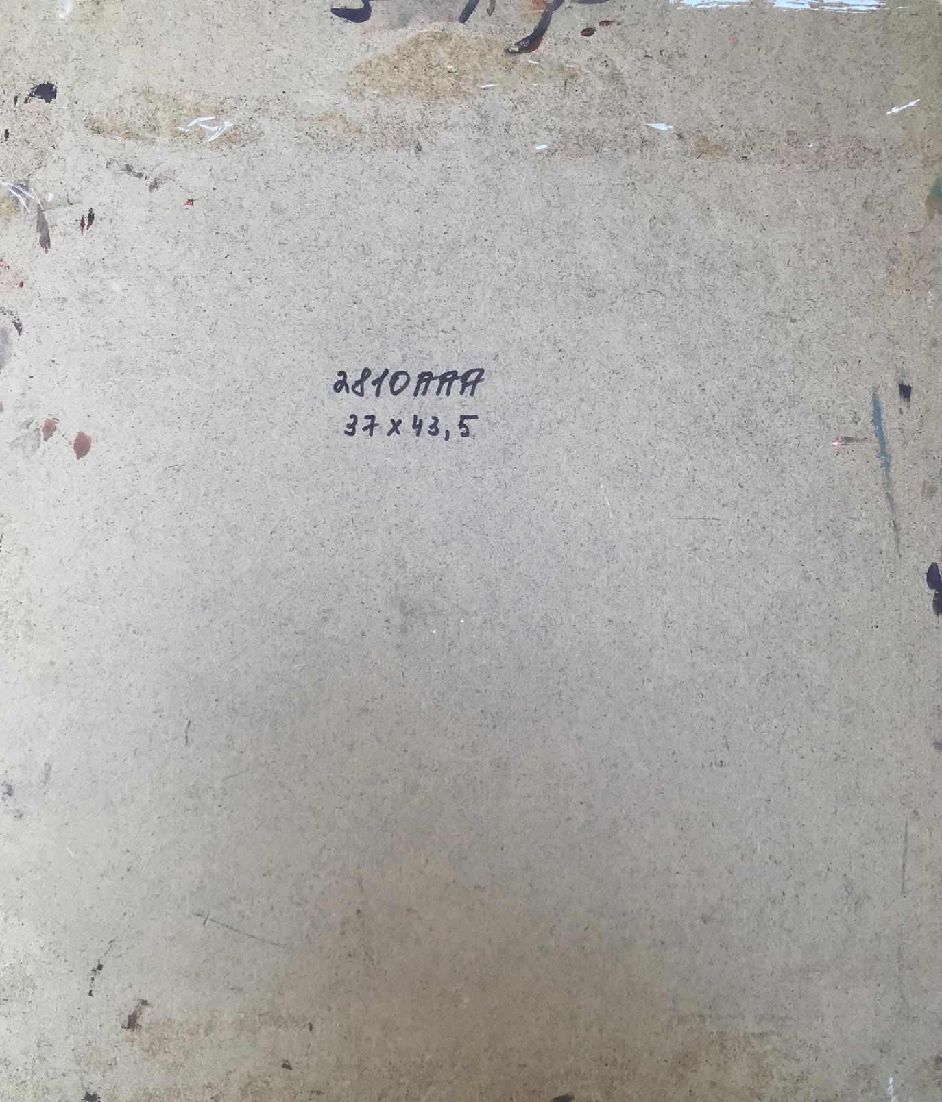 Back of oil painting by Alexander Arkadievich Litvinov on beige textured cardboard