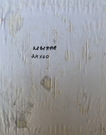 Back of Alexander Litvinov oil portrait on white textured wall with faint black markings