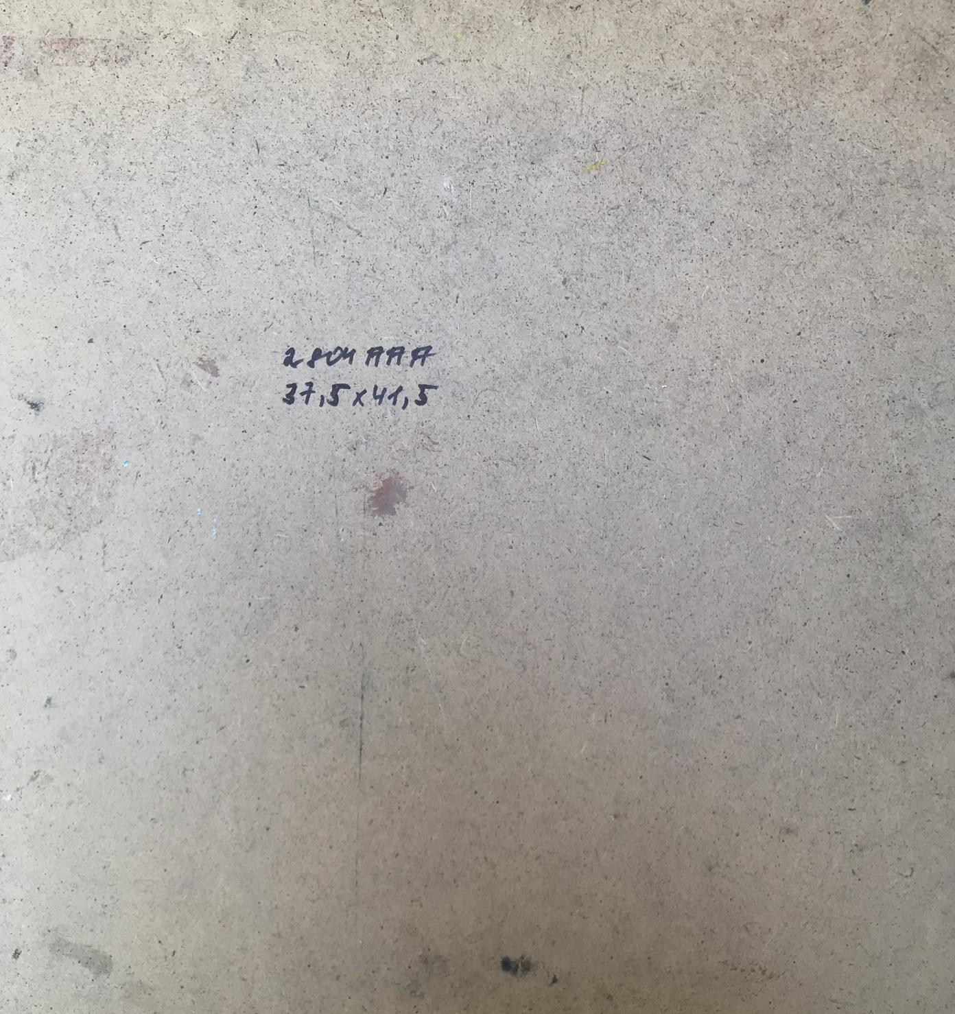 Back of oil painting Away by Alexander Arkadievich Litvinov, gray textured surface with black ink markings