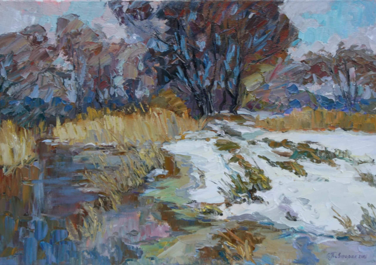 Oil painting Snow covered in the forest by Sergiy Pivtorak snowy landscape