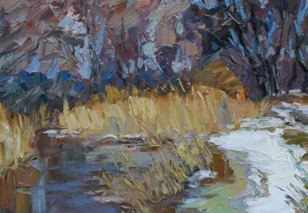 Sergiy Pivtorak oil painting of snow-covered forest with golden reeds