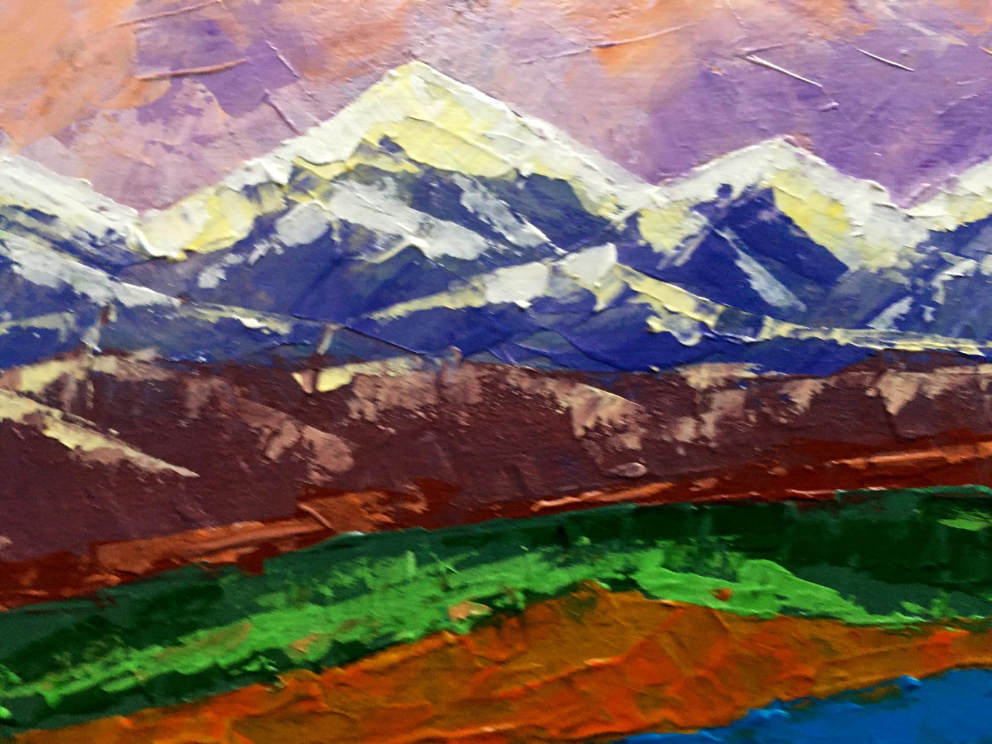 Oil painting Evening in the Mountains by Zadorozhnya V. V. vibrant snowy peaks