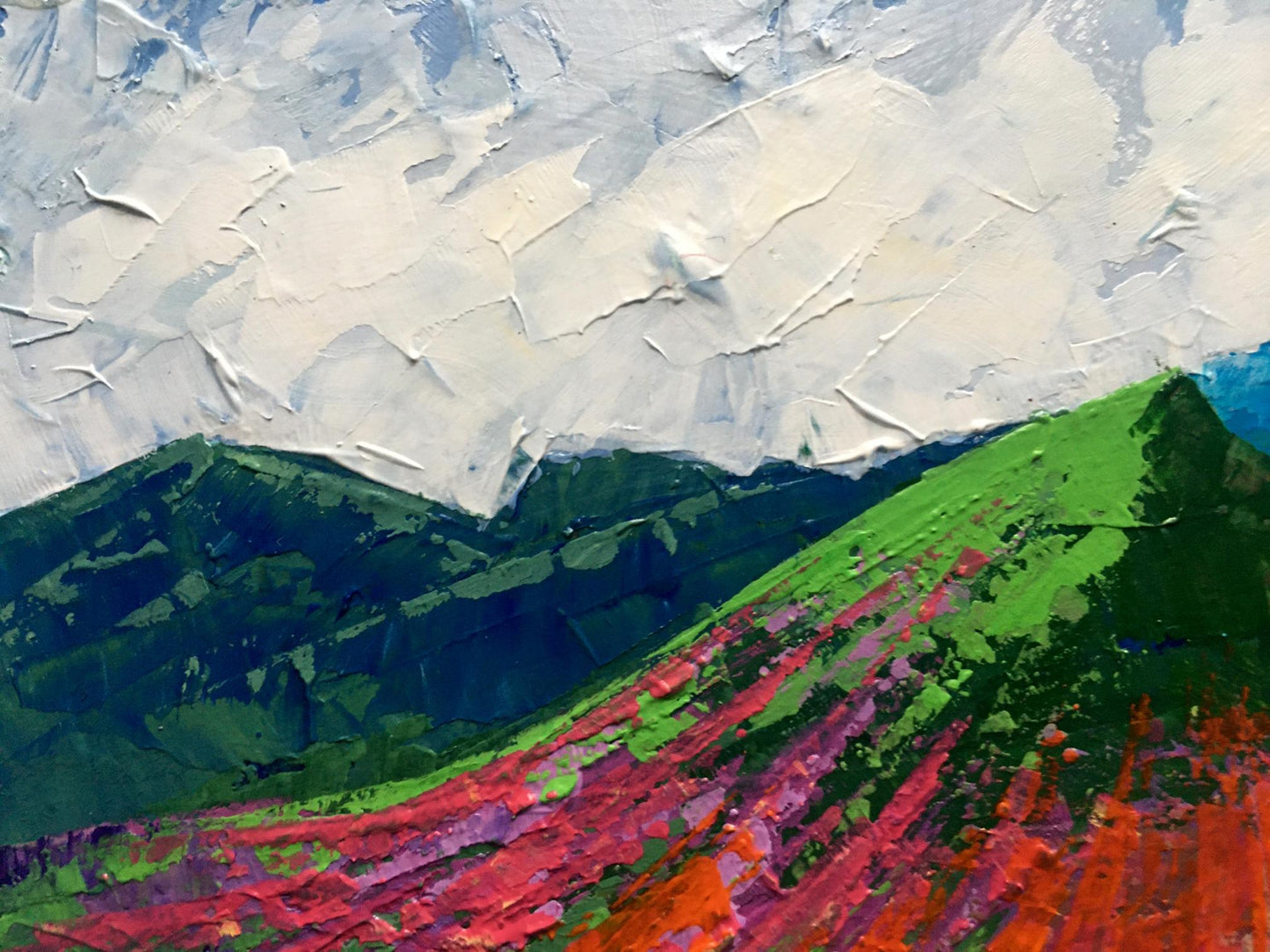 Vibrant impressionist oil painting of big mountain peak by V. Zadorozhnya