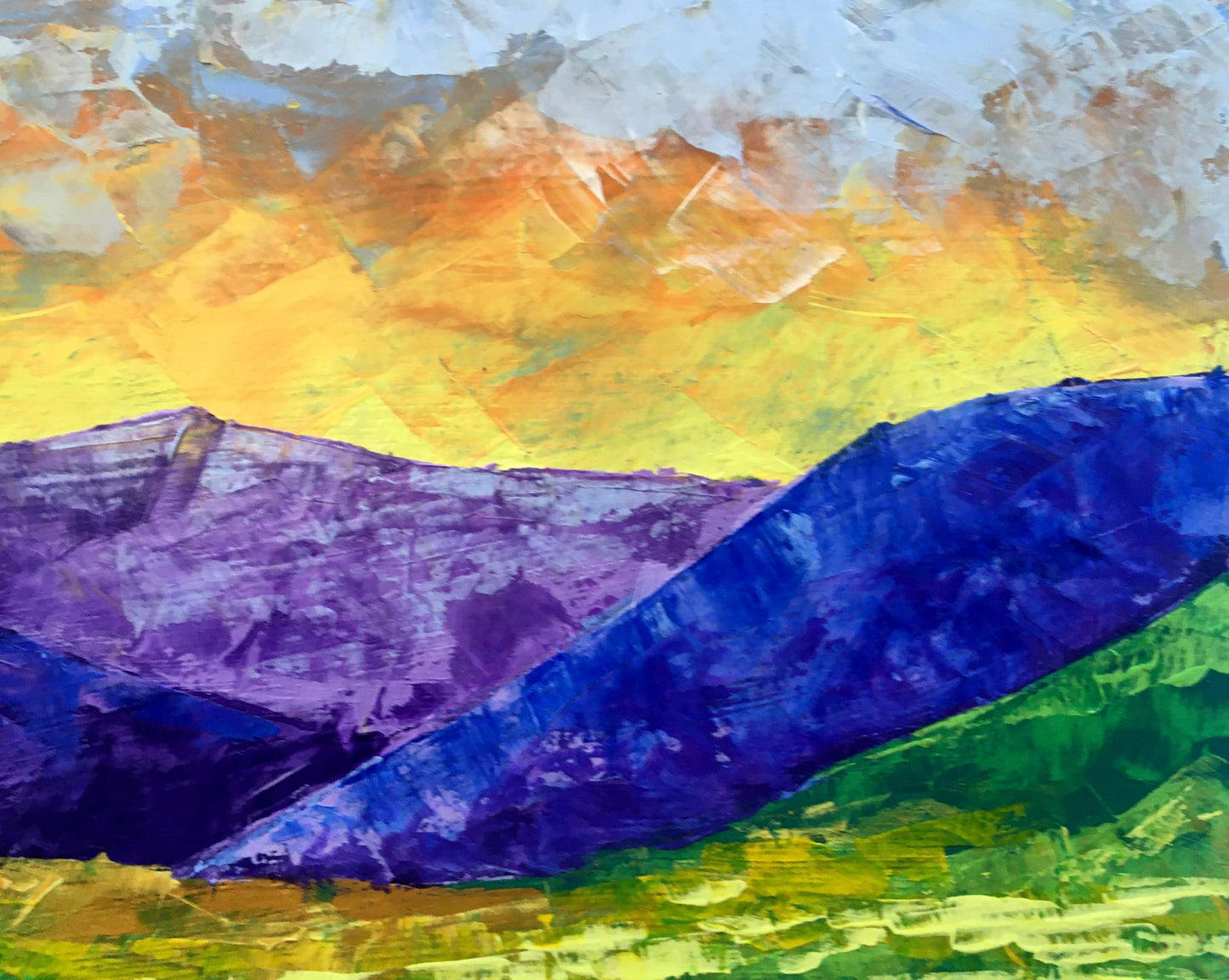 Oil painting By the Evening by V. Zadorozhnya, purple blue mountains, orange sky