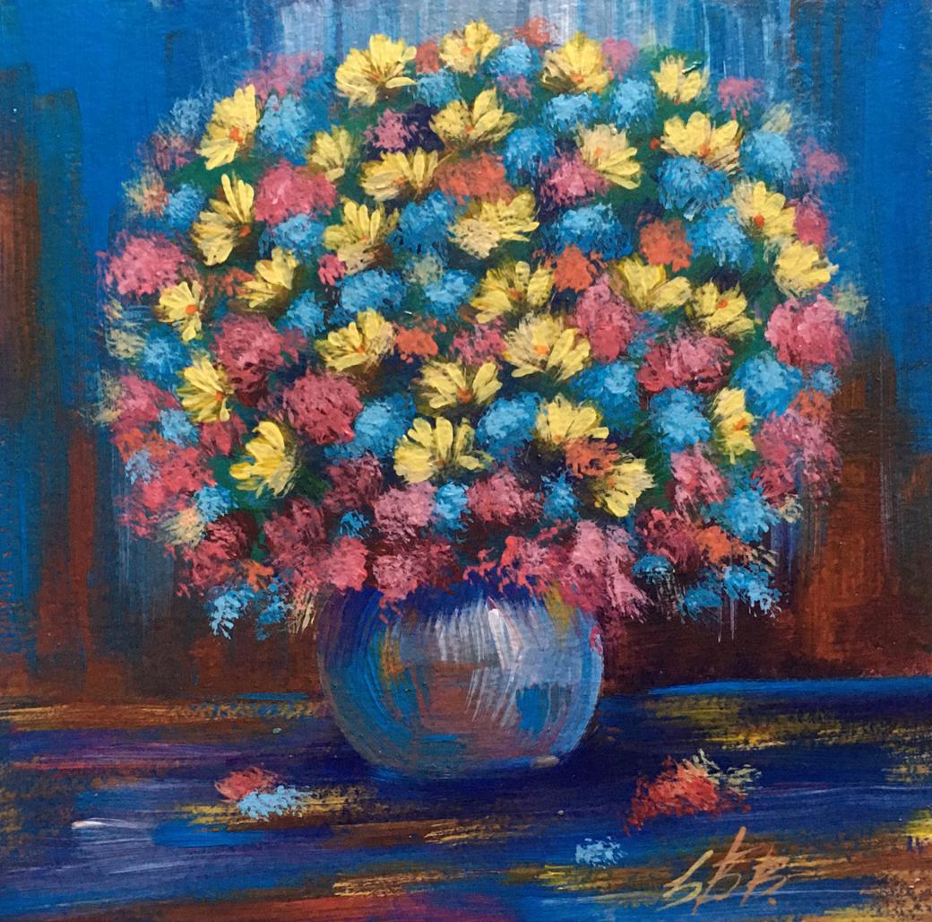 Oil painting Spring bouquet of flowers by Zadorozhnya V. V. in blue vase