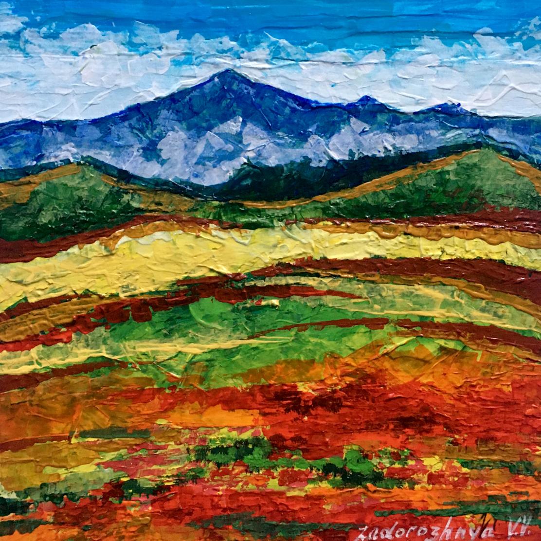Vibrant oil painting of textured mountains and hills by V. Zadorozhnya