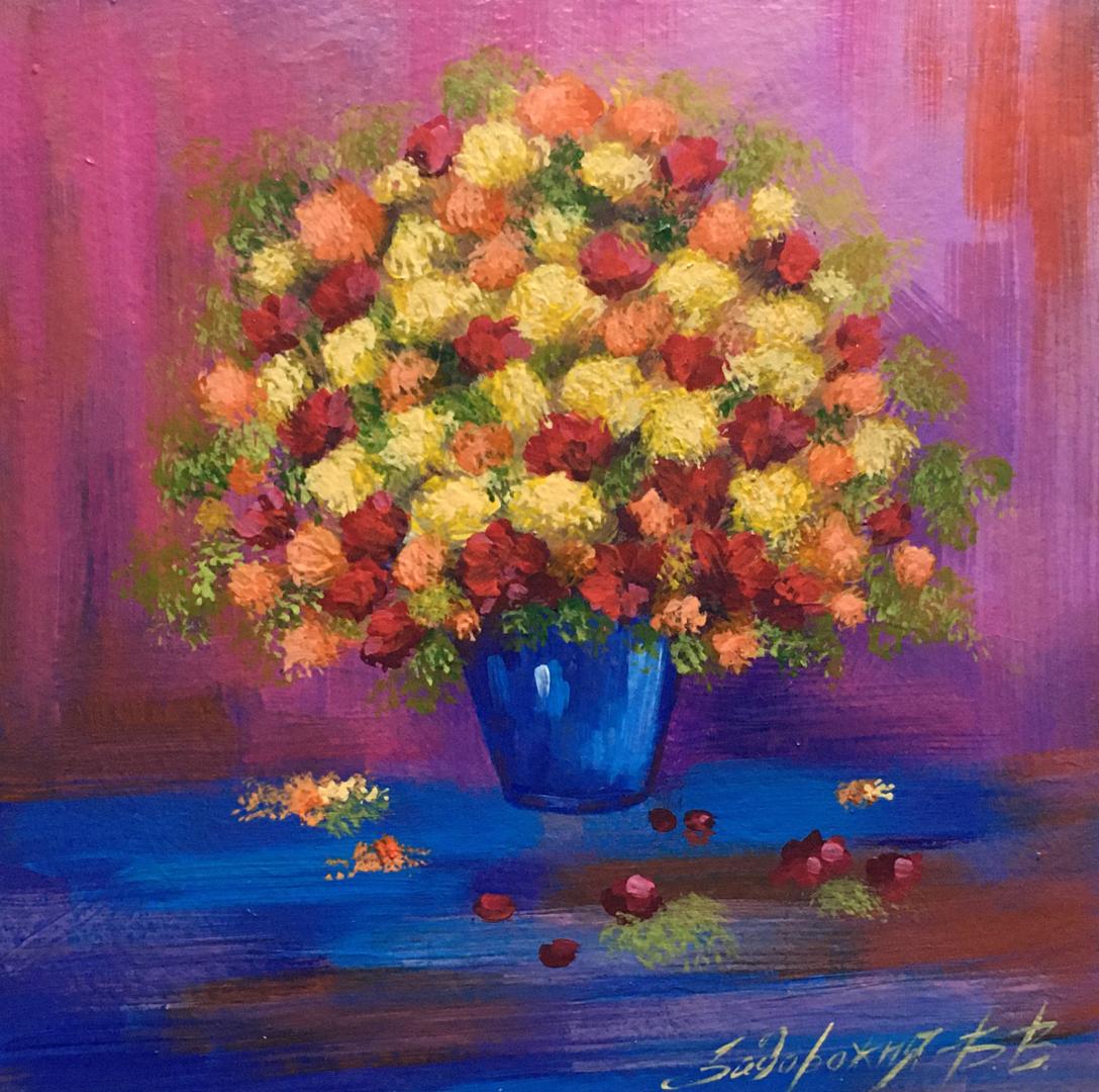 Oil painting of vibrant yellow orange red bouquet by Zadorozhnya V. V. in blue vase