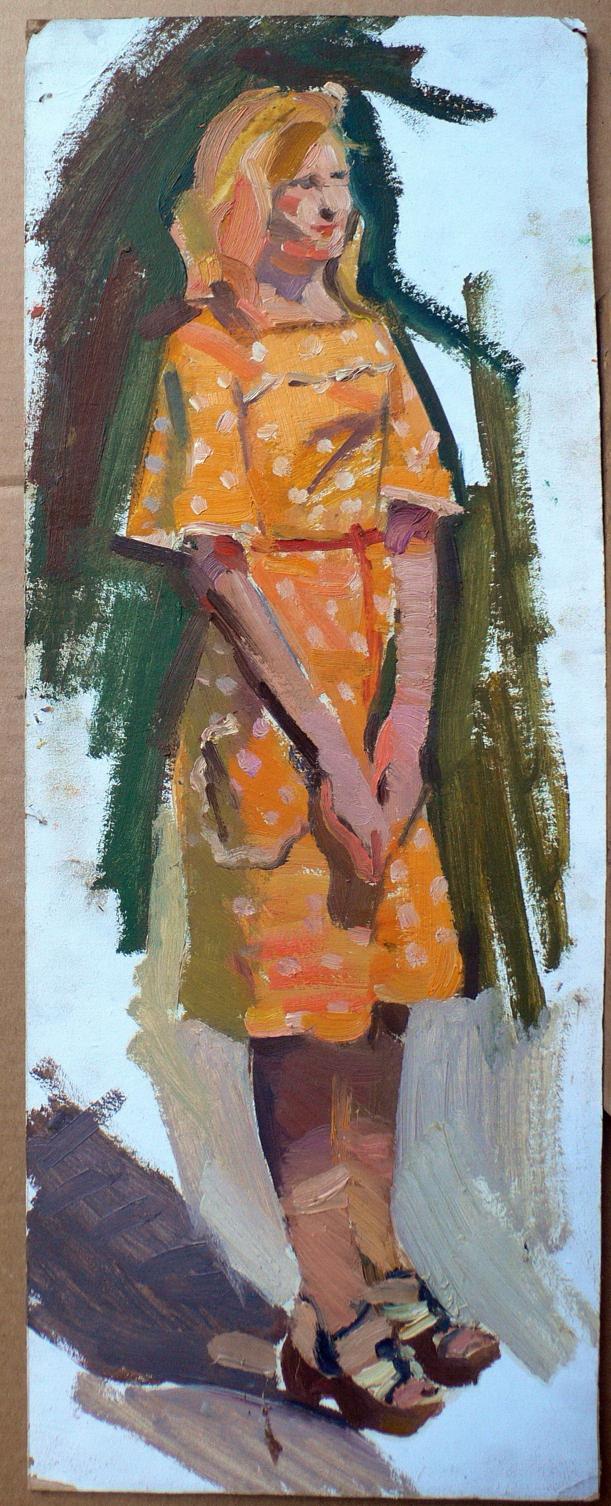 Oil painting by Erlikh Vladimir Isaakovich: girl in orange polka-dot dress