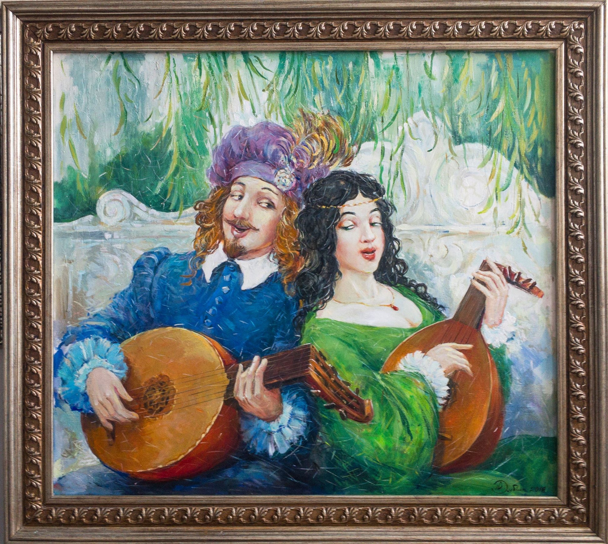 Oil painting New song by Dubinin Yurii: man in blue, woman in green playing under willows