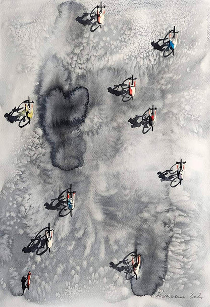 Watercolor painting Morning bike by Elena Klimenko with abstract bicycle silhouettes