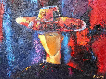 Vibrant red orange wide-brimmed hat oil painting by Kirilenko Mikhail Evening