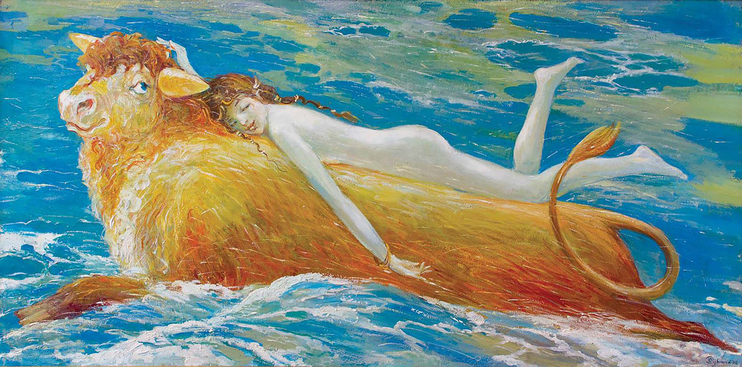 Oil painting of nude woman on golden bull in blue water by Dubinin Yurii