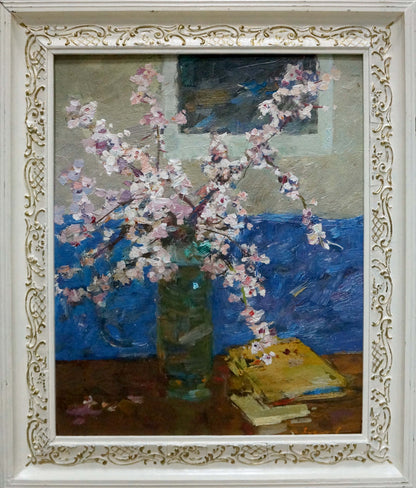 Oil painting by Fedor Zakharov: pink white blossoms in green vase on blue