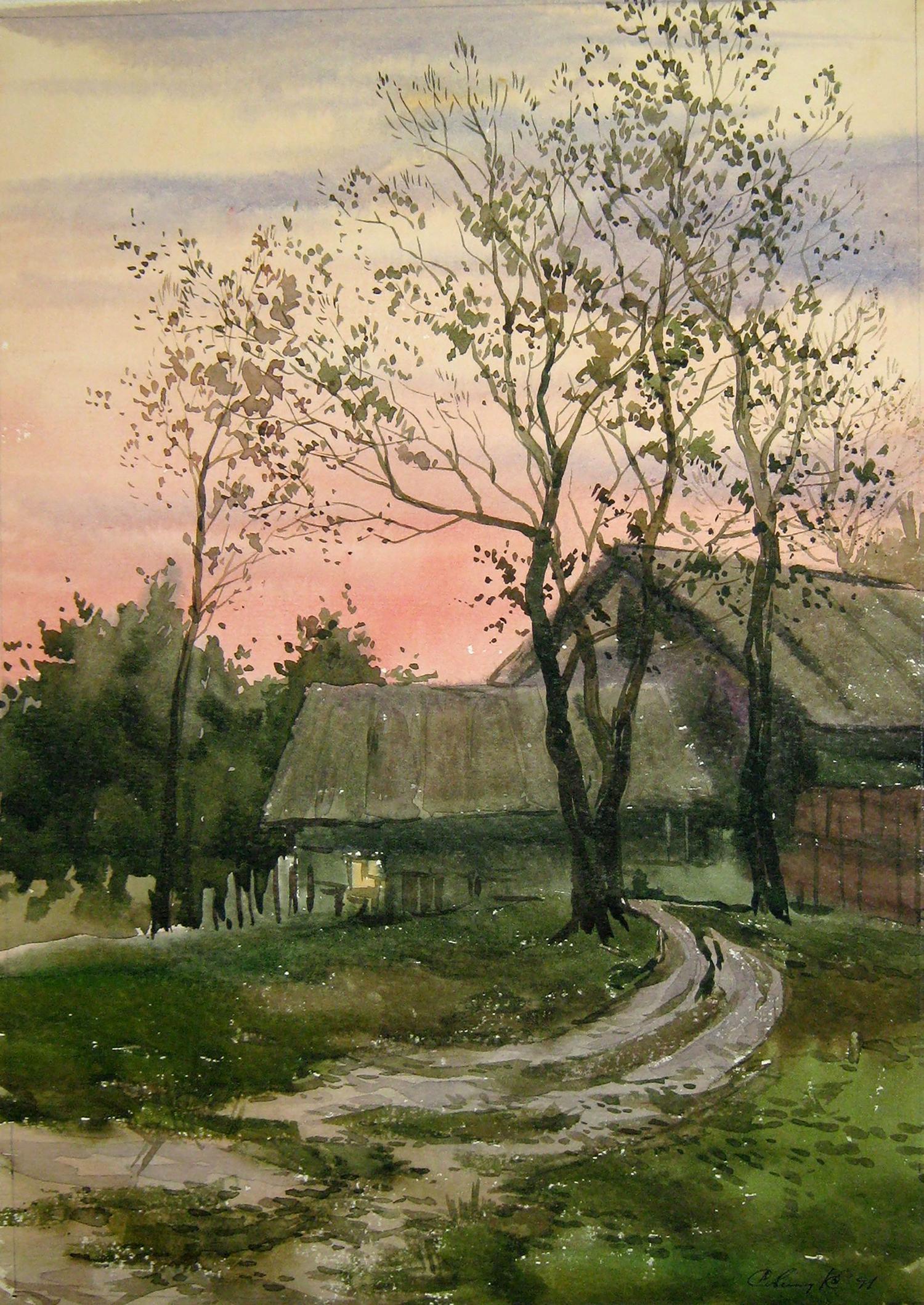 Watercolor painting Evening in the village Savenets Valery