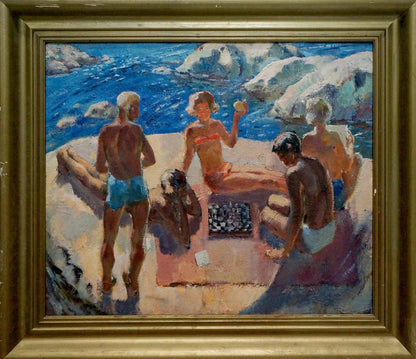 Framed oil painting of sunlit beach rest by Ivan Fedorovich Schultze