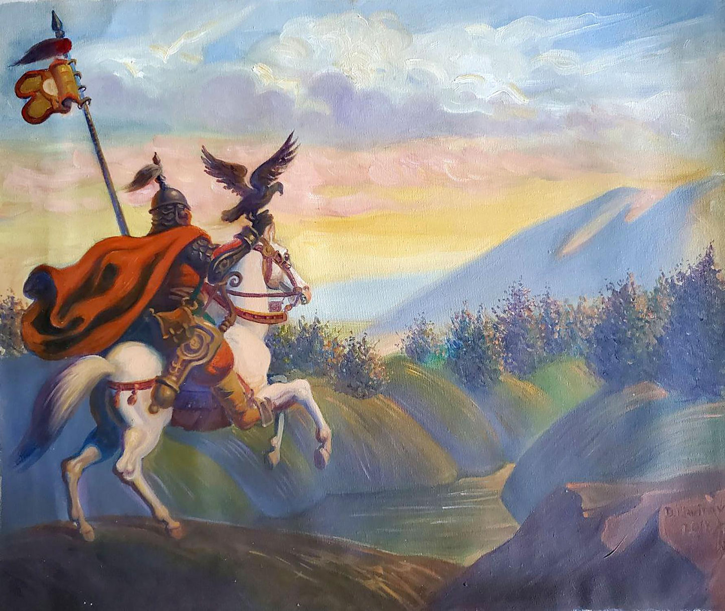 Oil painting of Mongolian hunter knight on white horse by Litvinov Daniil Olegovich