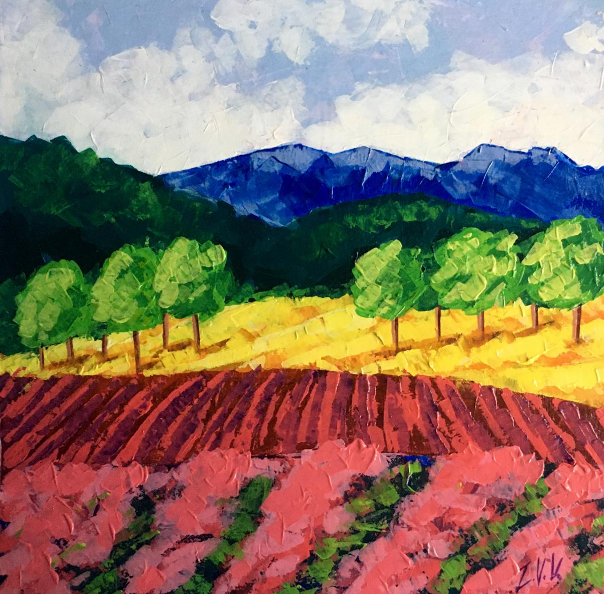 Vibrant impressionist oil painting of vineyards in forested mountains by V. Zadorozhnya