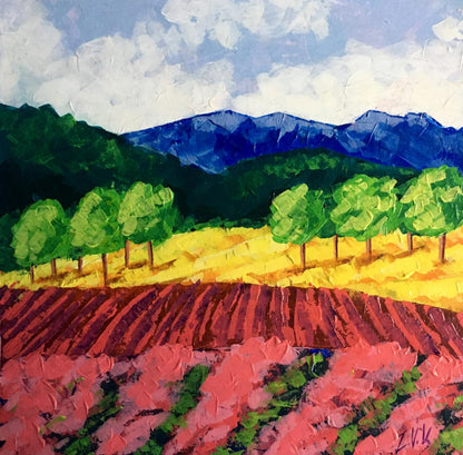 Vibrant impressionist oil painting of vineyards in forested mountains by V. Zadorozhnya