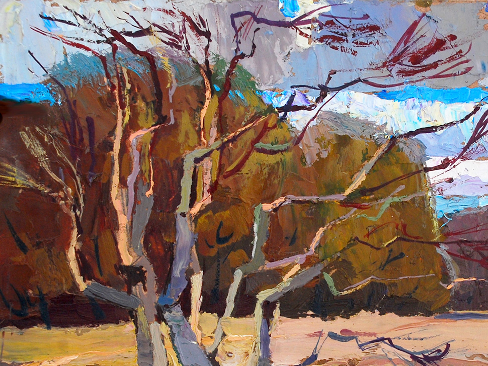 Oil painting Autumn by Egor Shvachunov: textured bare branches in browns against blue sky