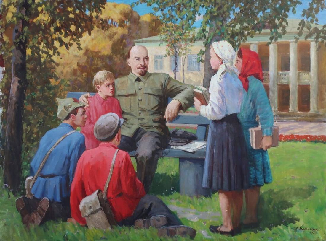 Oil painting of Lenin with children by Borisenko P.F. on bench