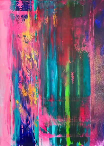 Vibrant Pursuit abstract acrylic painting by Melezhik Olga with pink teal green streaks