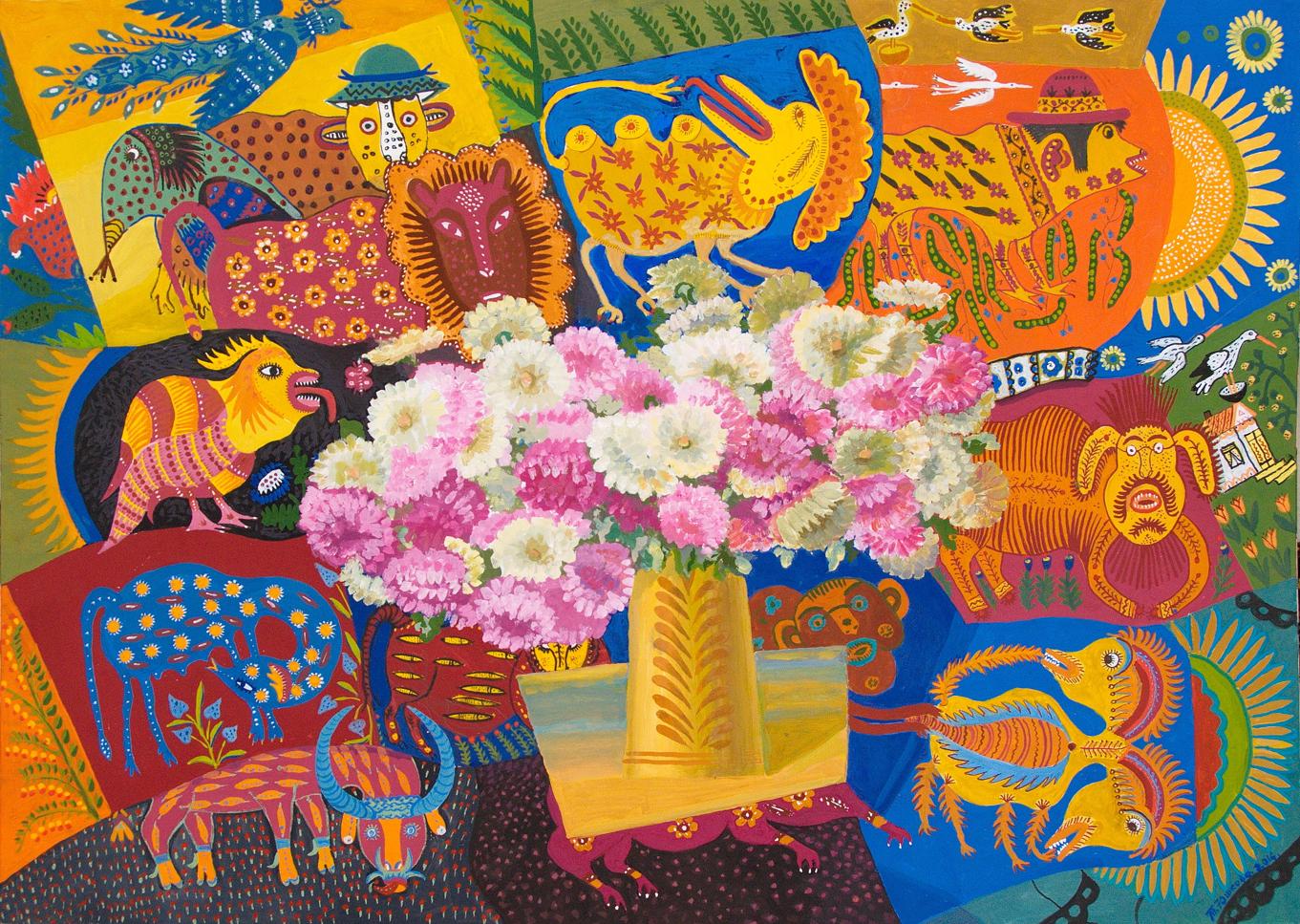 Vibrant pink and white carnations in golden vase, acrylic painting by Yushkov Svatoslav