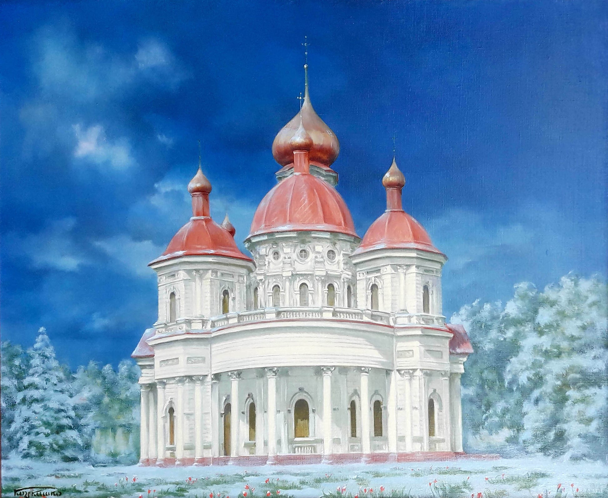 Oil painting of Bryansk Nikolaev Church with red onion domes by Korkishko Vasily