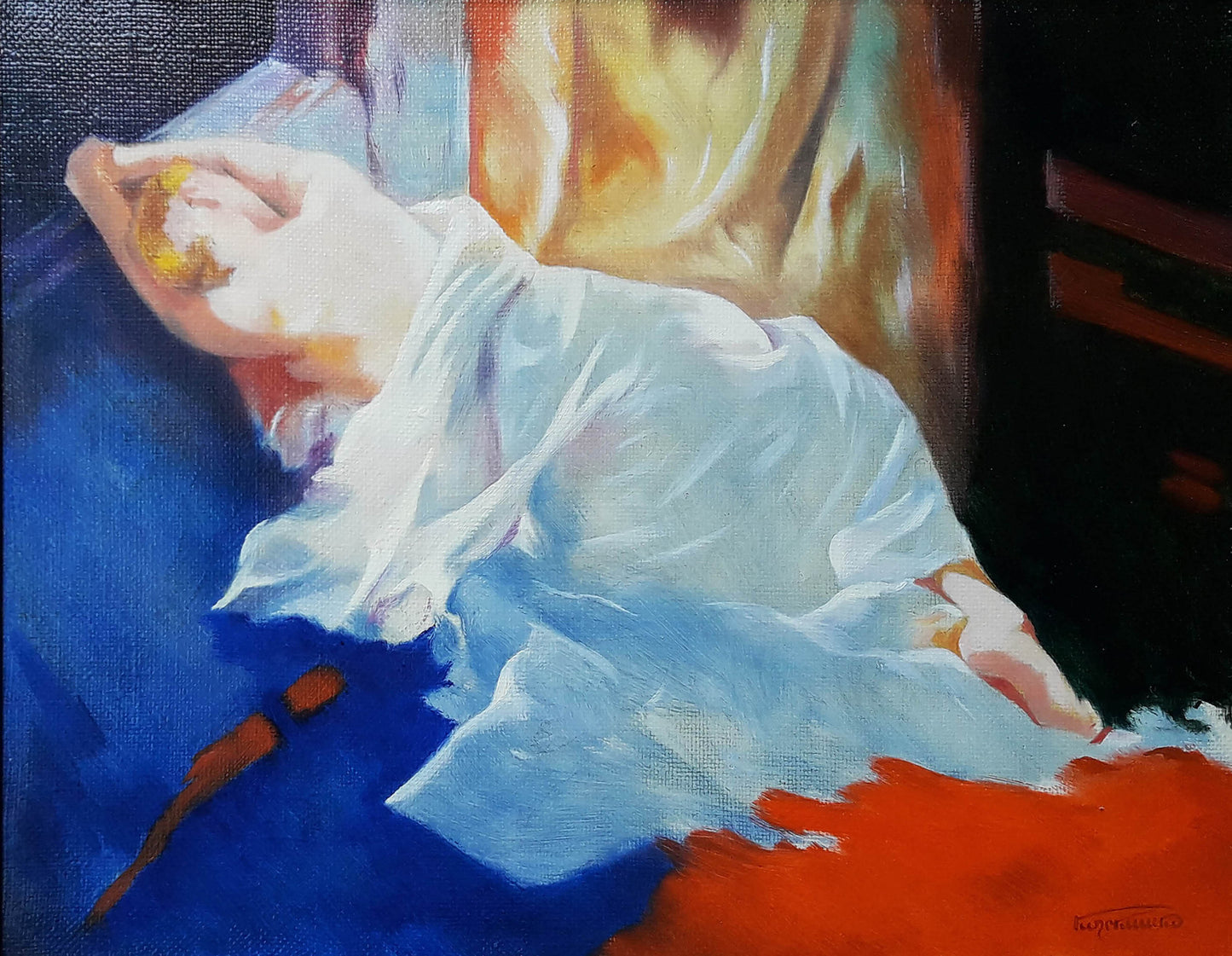 Oil painting of sleeping girl by Vasily Korkishko on vibrant background