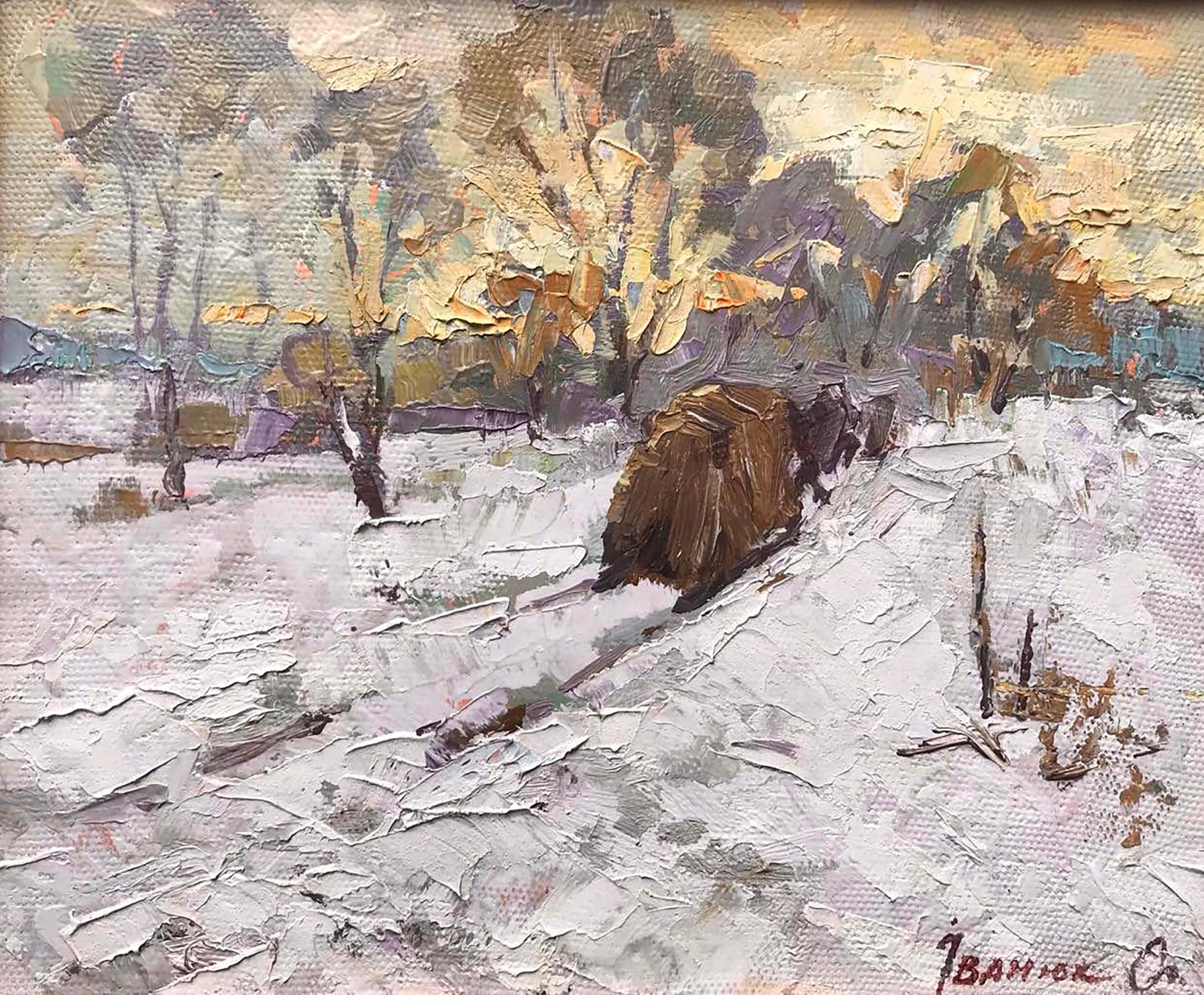 Impressionistic oil painting of snowy landscape with bare trees, brown boulder by Alex Ivanyuk