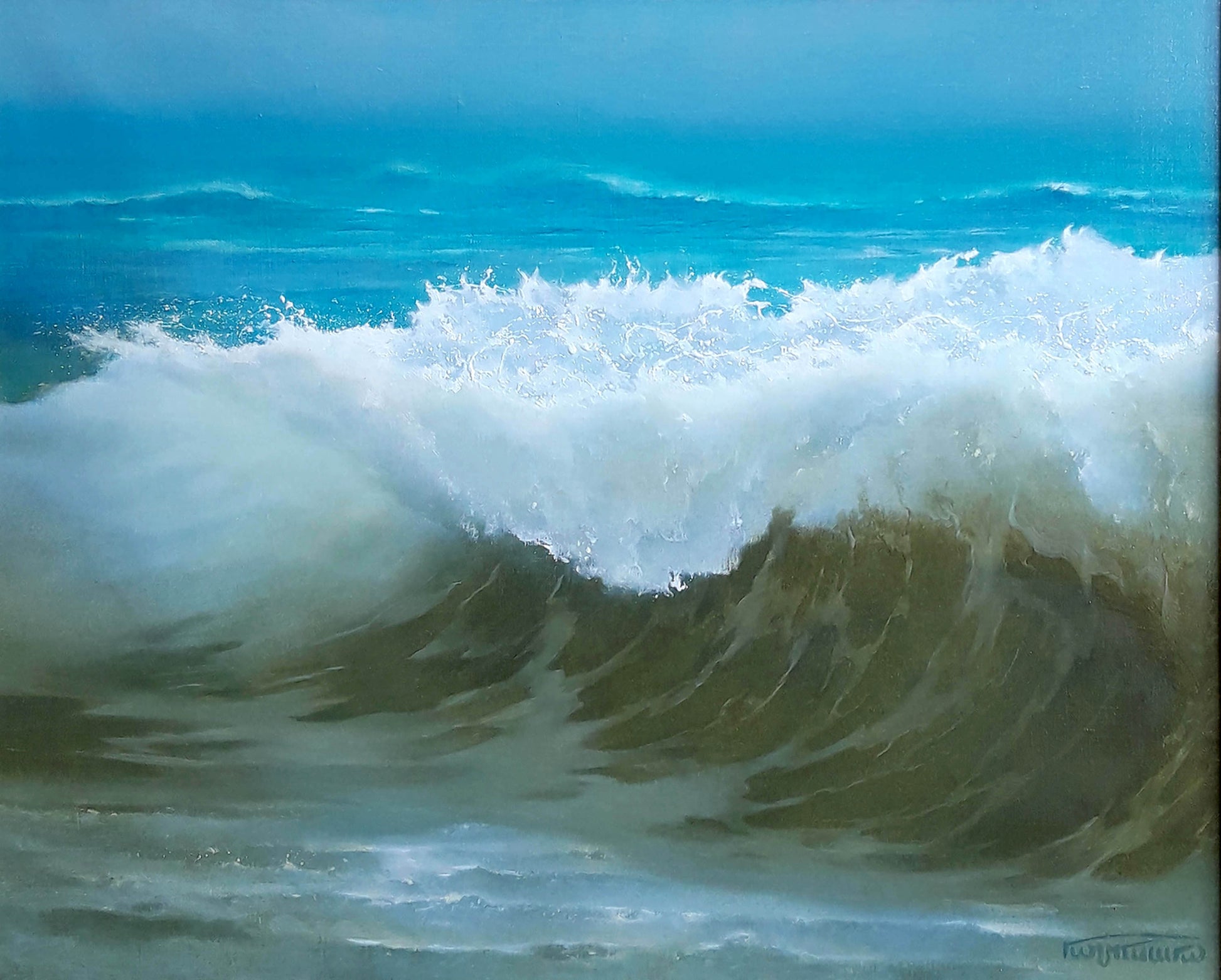 Vibrant turquoise ocean wave oil painting by Korkishko Vasily