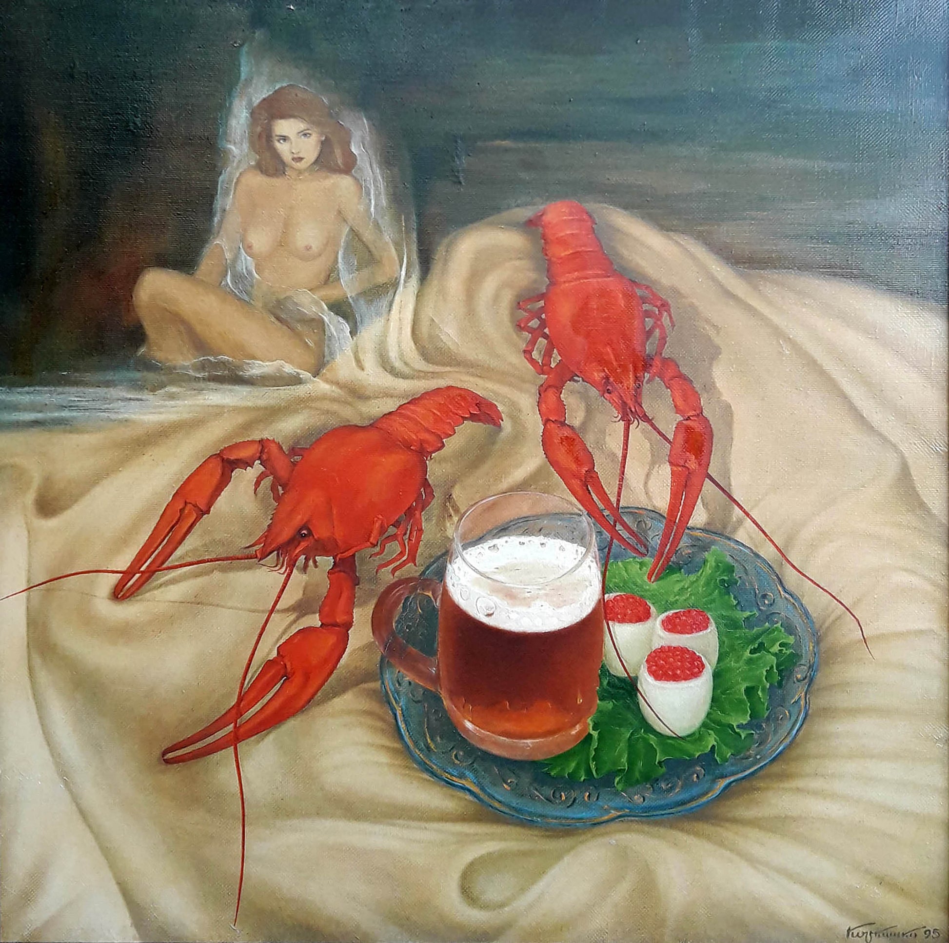 Oil painting by Korkishko Vasily: vibrant red lobster, beer, deviled eggs