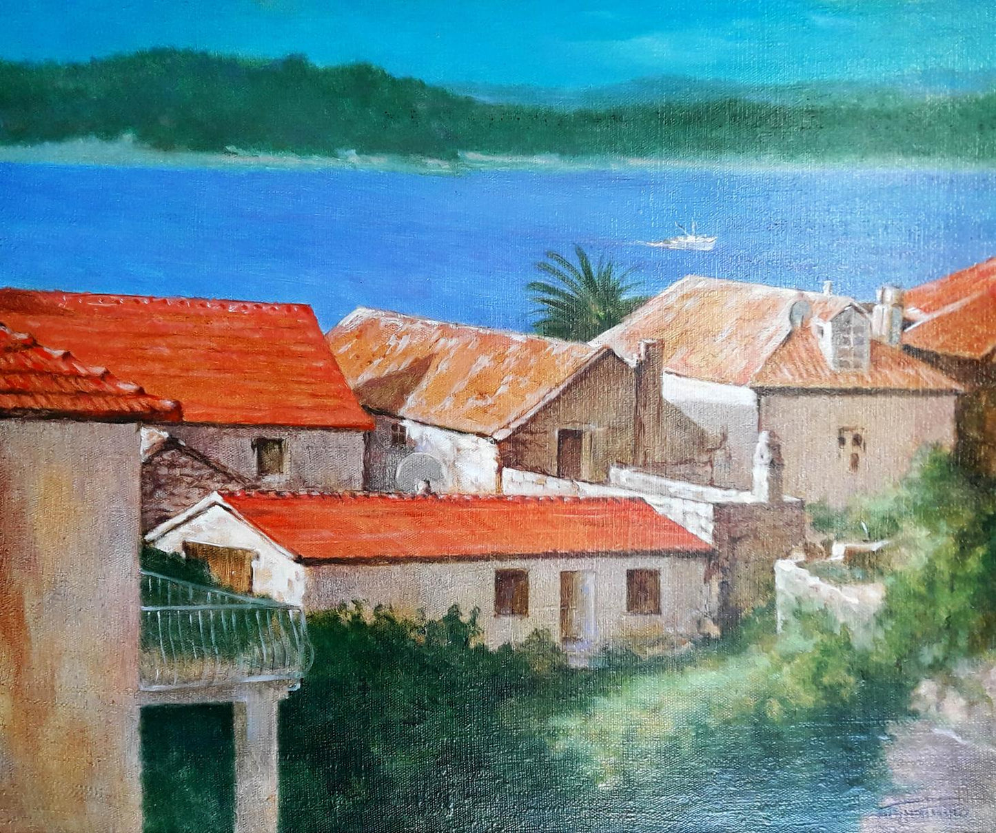 Vibrant oil painting by Vasily Korkishko: Villas by the sea coastal village