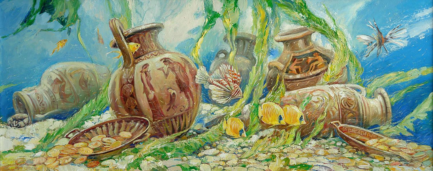Acrylic painting Treasure Dubinin Yurii: antique terracotta amphora underwater