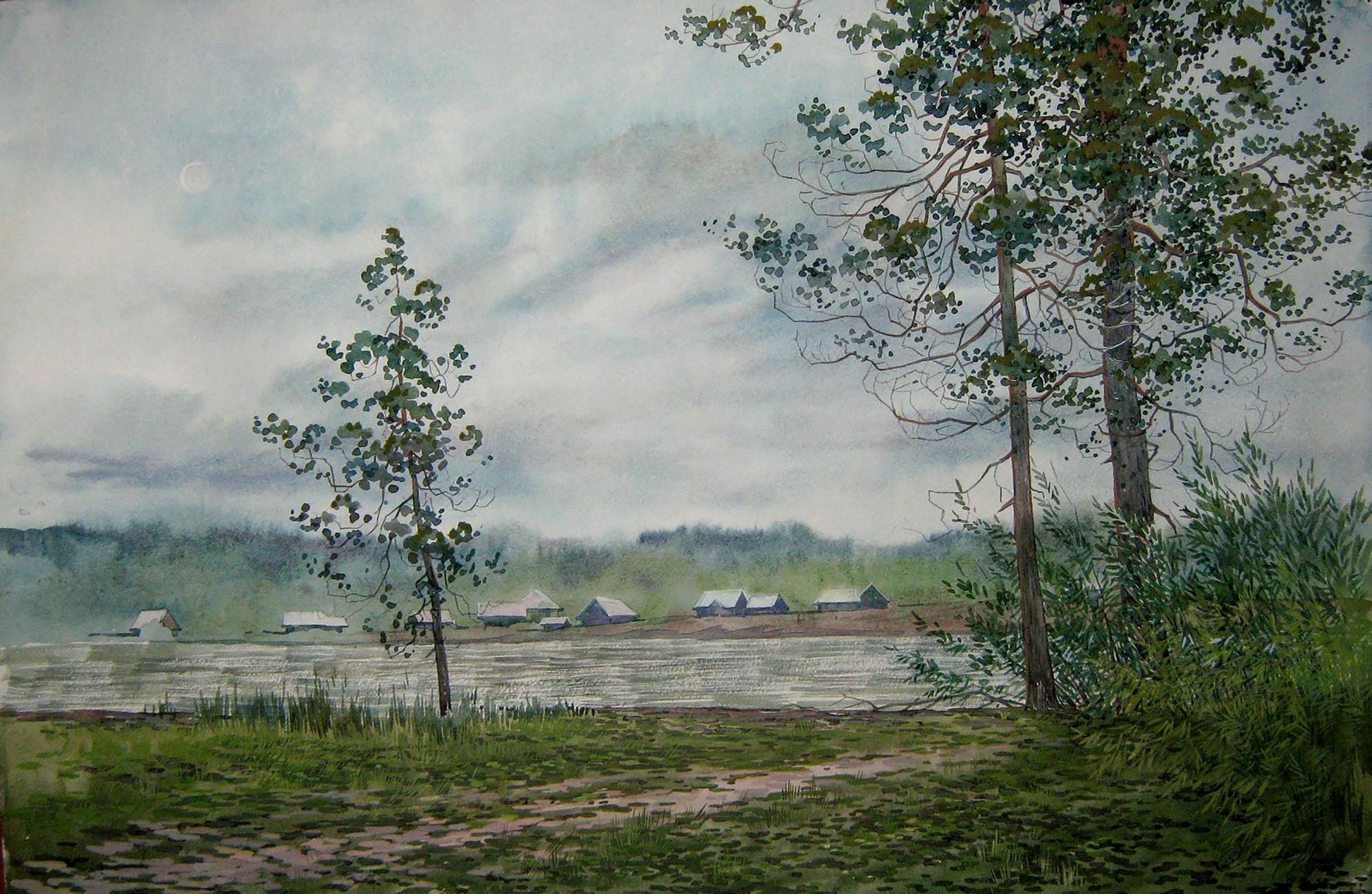 Watercolor painting Village in the distance Valery Savenets