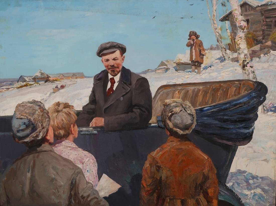 Oil painting of Lenin in dark coat, red tie and flat cap by Ovragov A.V