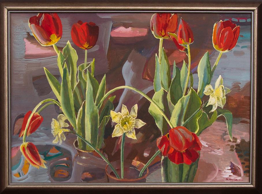 Vibrant tempera painting of red tulips and yellow daffodils in pots by Yushkov Svatoslav