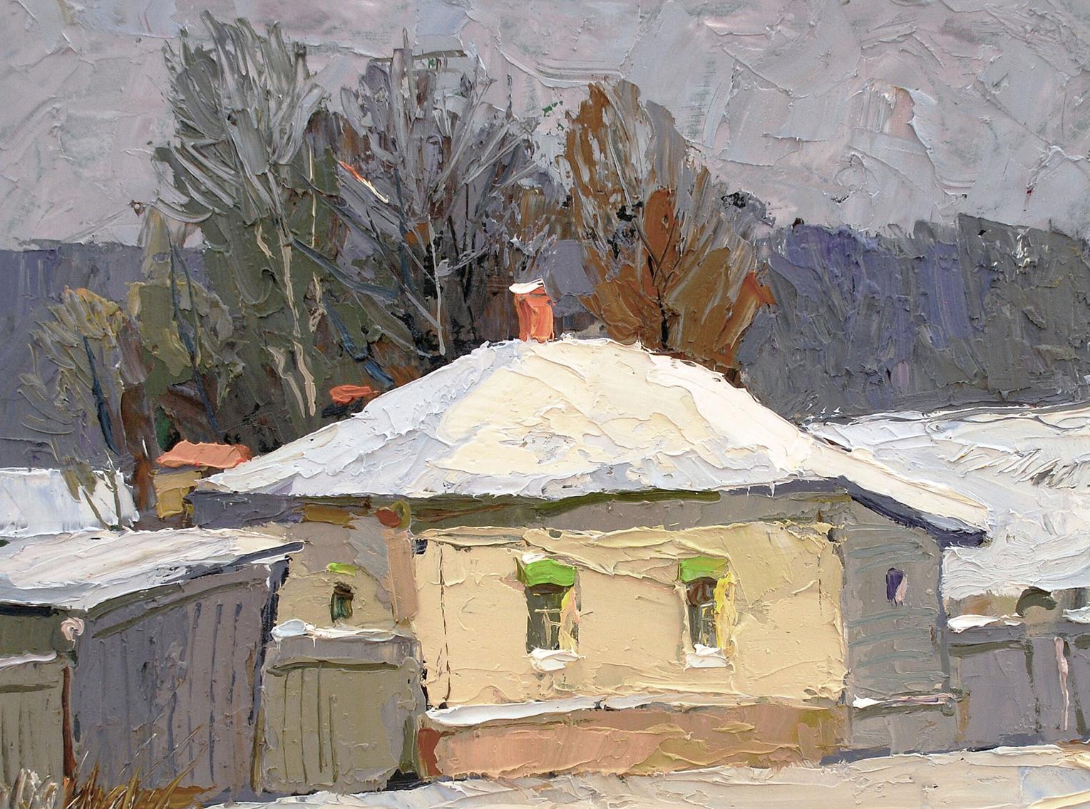 Oil painting Winter sketch by Egor Shvachunov: beige house with snow-covered roof