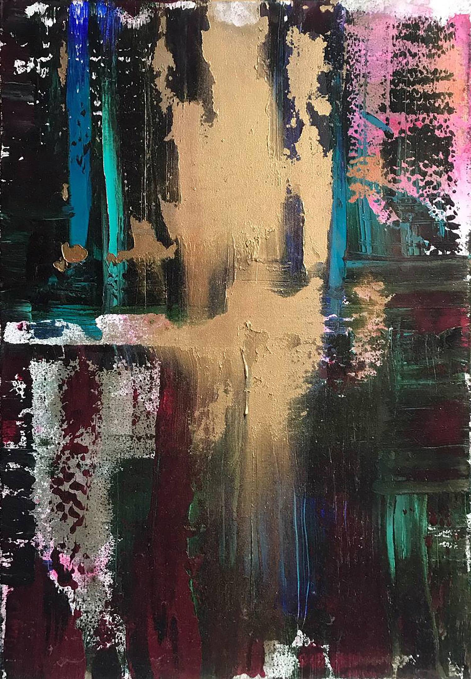 Abstract Confidence by Melezhik Olga: teal, black, gold strokes with pink splashes