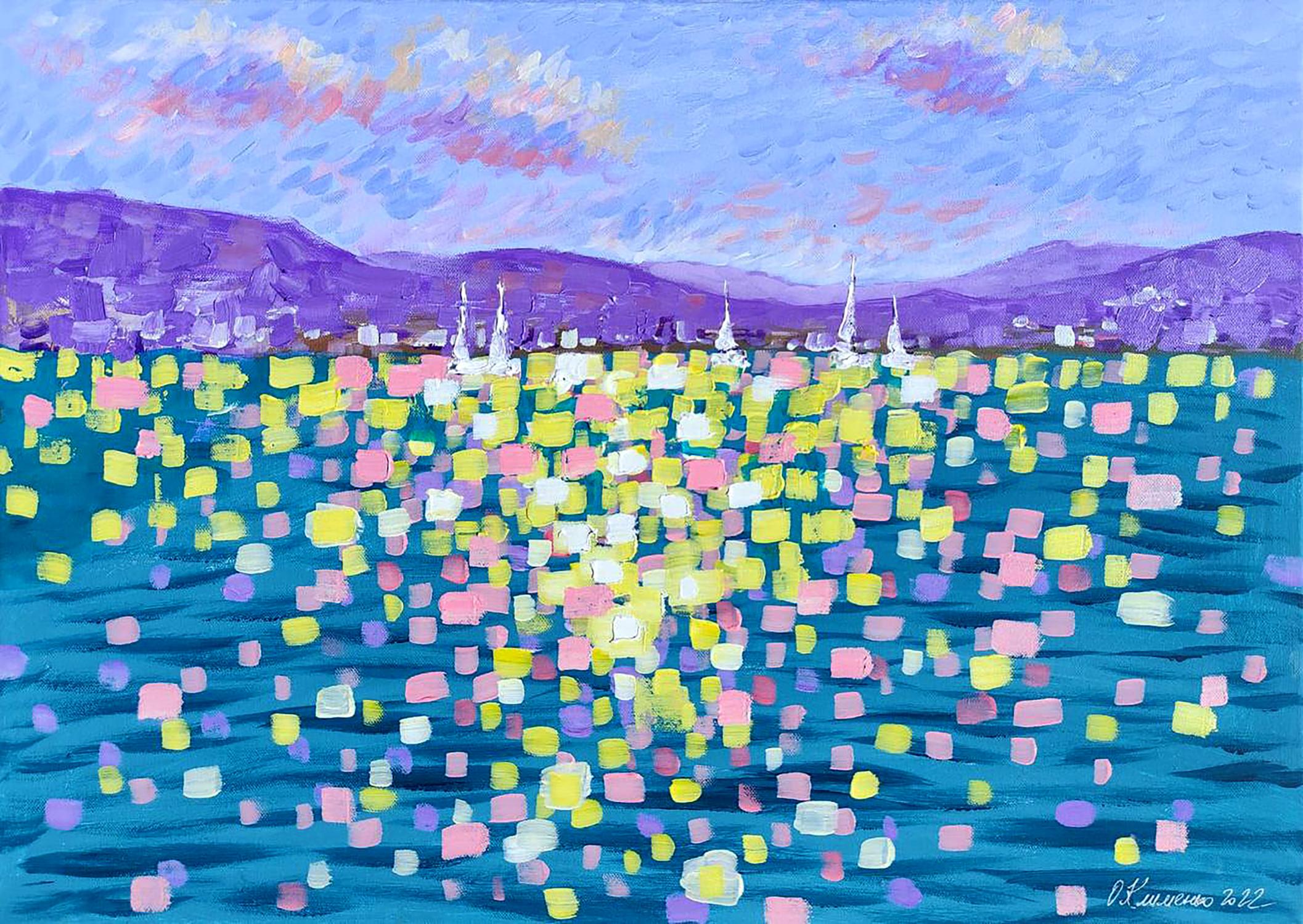 Vibrant Cote dAzur acrylic painting by Elena Klimenko with purple mountains and sea