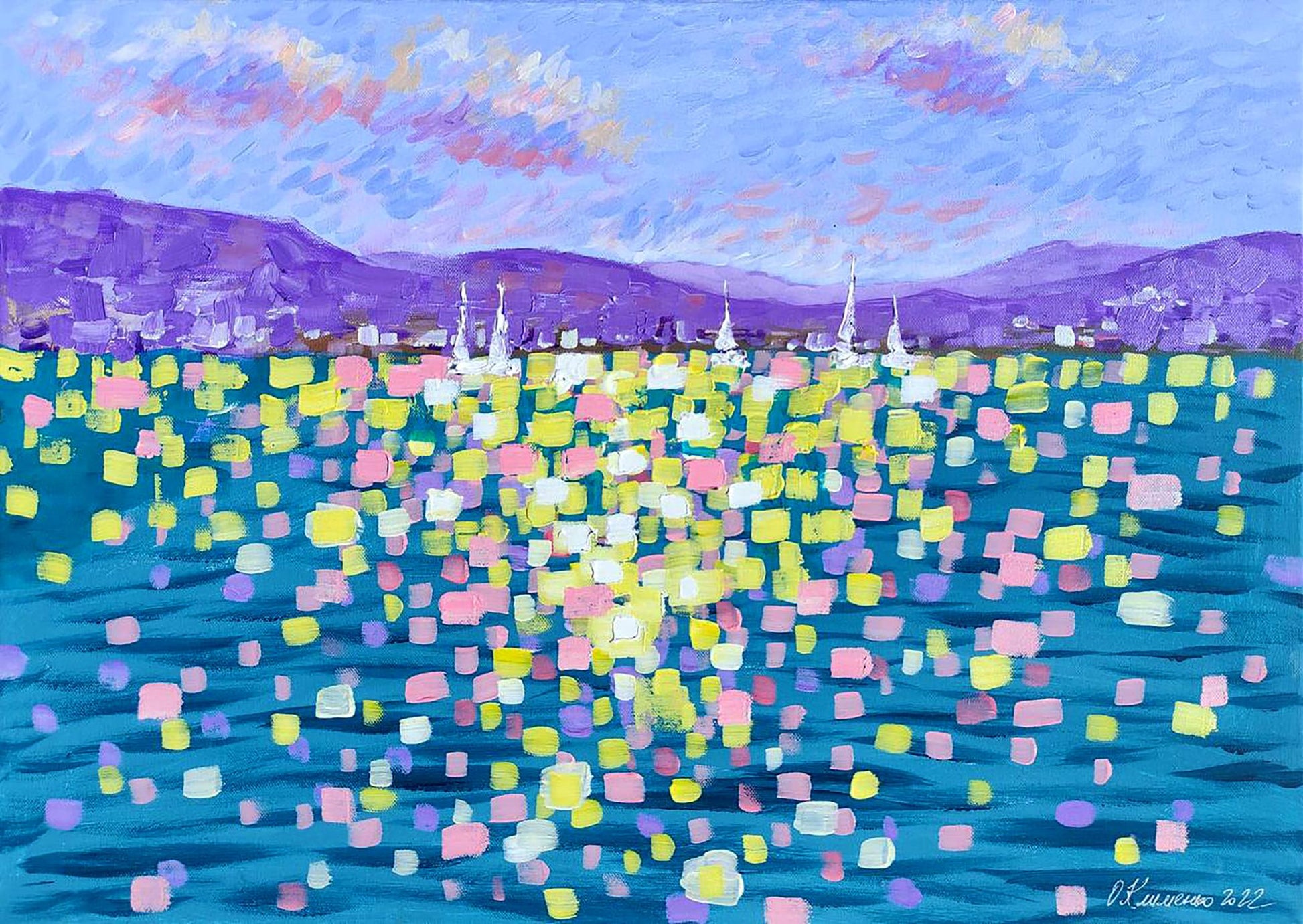 Vibrant Cote dAzur acrylic painting by Elena Klimenko with purple mountains and sea