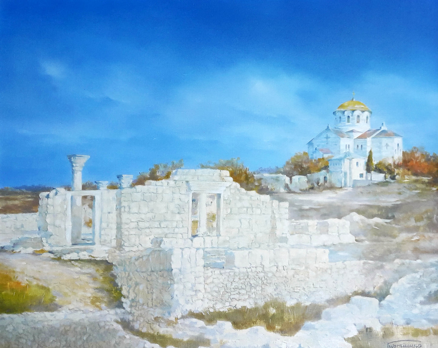 White stone ruins and Chersonesos Korkishko Vasily church with golden dome under blue sky oil painting